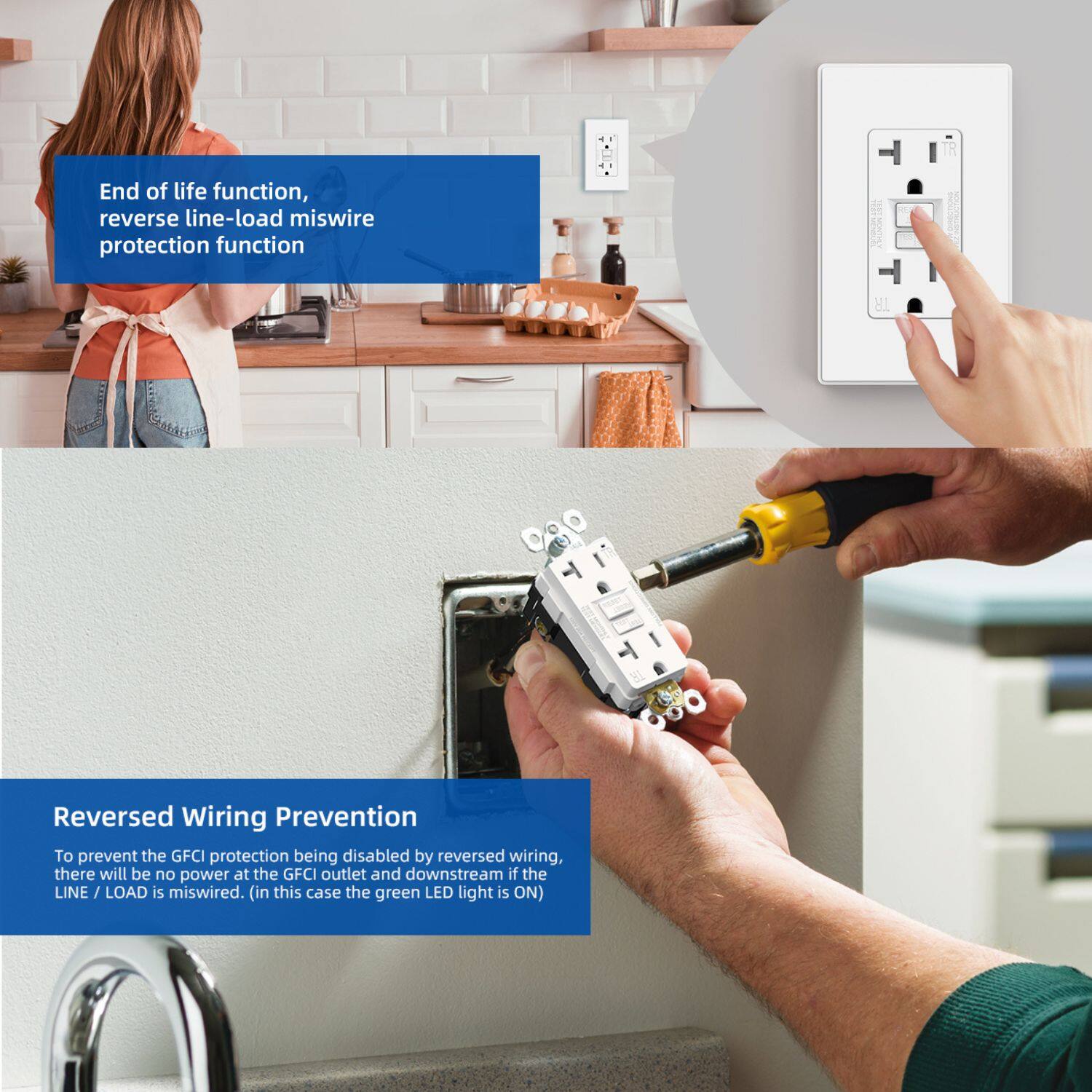 End of life function, reverse line-load miswire protection function

Reversed Wiring Prevention

To prevent the GFCI protection being disabled by reversed wiring, there will be no power at the GFCI outlet and downstream if the LINE / LOAD is miswired. (in this case the green LED light is ON)