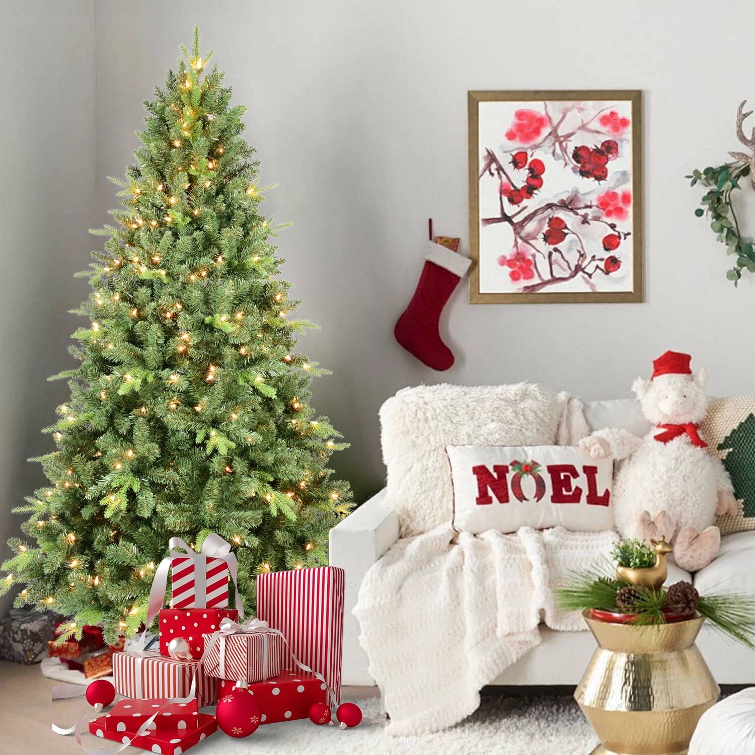 Back. Pefilos - 7ft Artificial Christmas Tree with 1875 PE/PVC Mixed Branch Tips, 450 UL Warm White LED Lights & Foldable Base - Green.