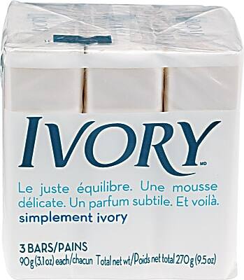 IVORY  
Le juste équilibre. Une mousse délicate. Un parfum subtile. Et voilà. simplement ivory  

3 BARS/PAINS  
90g (3.1oz) each/chacun  
Total net wt/Poids net total 270g (9.5oz)