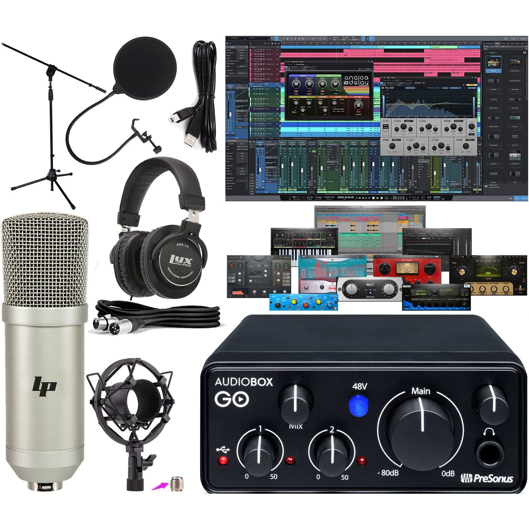PreSonus - AudioBox GO USB-C Recording Bundle – Interface, Condenser Mic, Headphones & Software - Multicolor