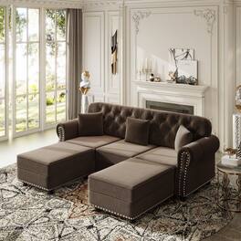 Anysun - 82.6" Velvet Chesterfield Sofa w/ Nailhead, Rolled Armrests, Button Tufted, 3 Pillows & 2 Ottomans, Mid-Century - Brown