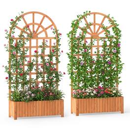 Costway - 2 PCS 71" Wooden Raised Garden Bed withTrellis, Drainage Holes for Vegetables - Brown