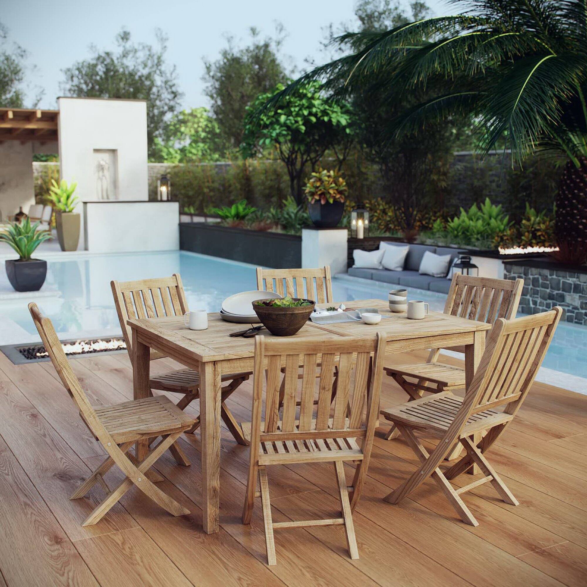 Alt View 4. Modway - Marina 7-Piece Outdoor Teak Patio Dining Set - Natural.