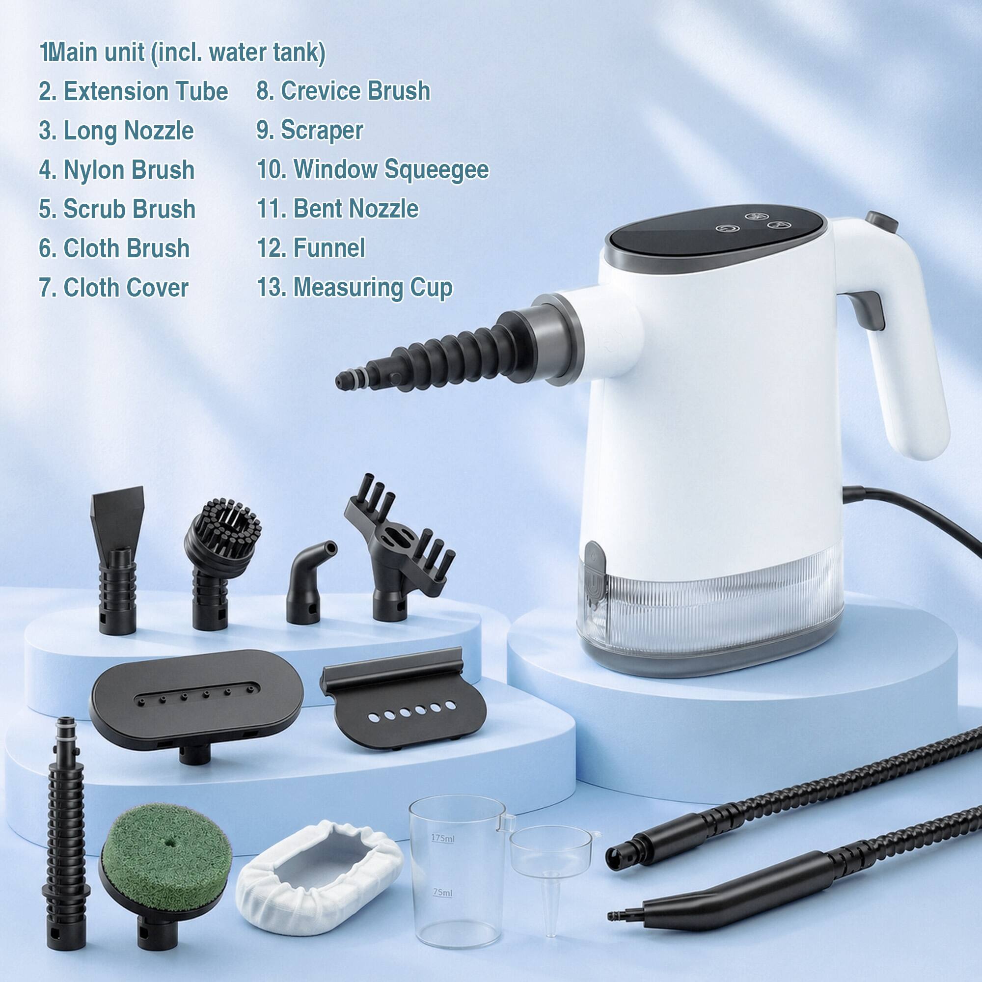 1. Main unit (incl. water tank)  
2. Extension Tube  
3. Long Nozzle  
4. Nylon Brush  
5. Scrub Brush  
6. Cloth Brush  
7. Cloth Cover  
8. Crevice Brush  
9. Scraper  
10. Window Squeegee  
11. Bent Nozzle  
12. Funnel  
13. Measuring Cup (175ml, 15ml)