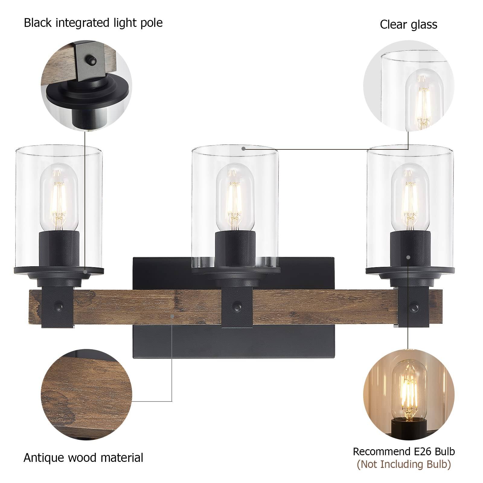 Black integrated light pole  
Clear glass  
Antique wood material  
Recommend E26 Bulb (Not Including Bulb)