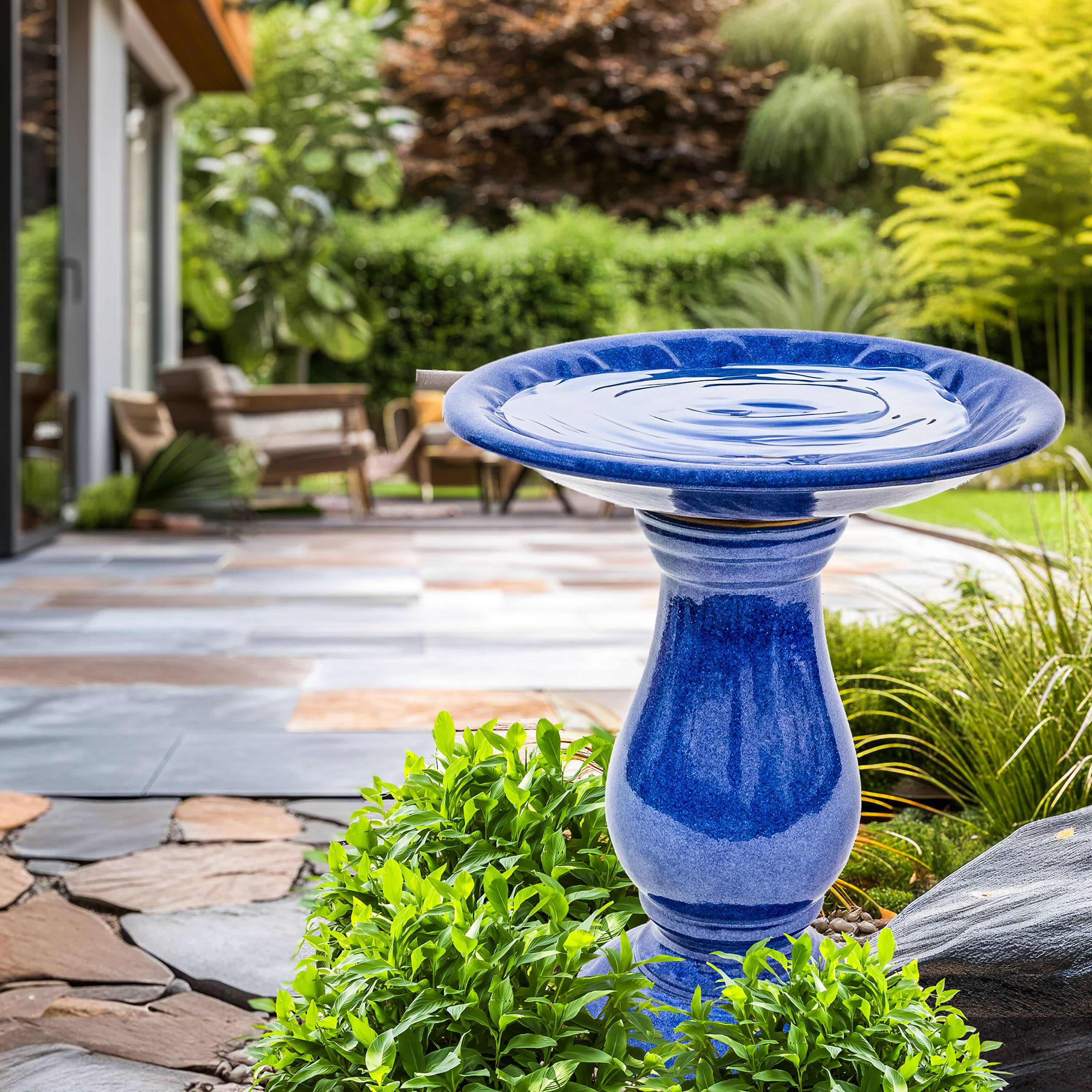 Alt View 7. Sunnydaze - Daisy Embossed Bowl Ceramic Outdoor Bird Bath - 21.5” H - Blue.