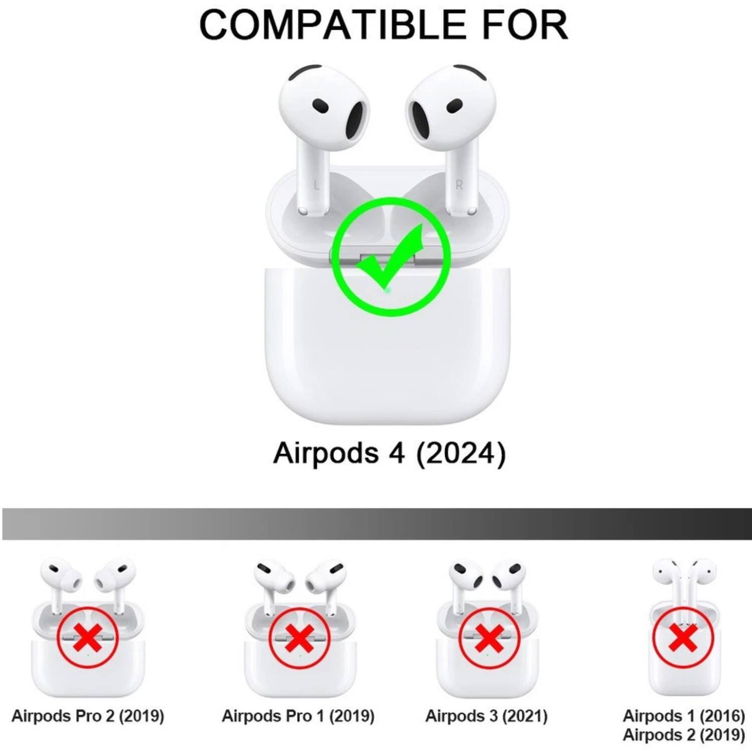 COMPATIBLE FOR  
Airpods 4 (2024)  
Airpods Pro 2 (2019)  
Airpods Pro 1 (2019)  
Airpods 3 (2021)  
Airpods 1 (2016)  
Airpods 2 (2019)