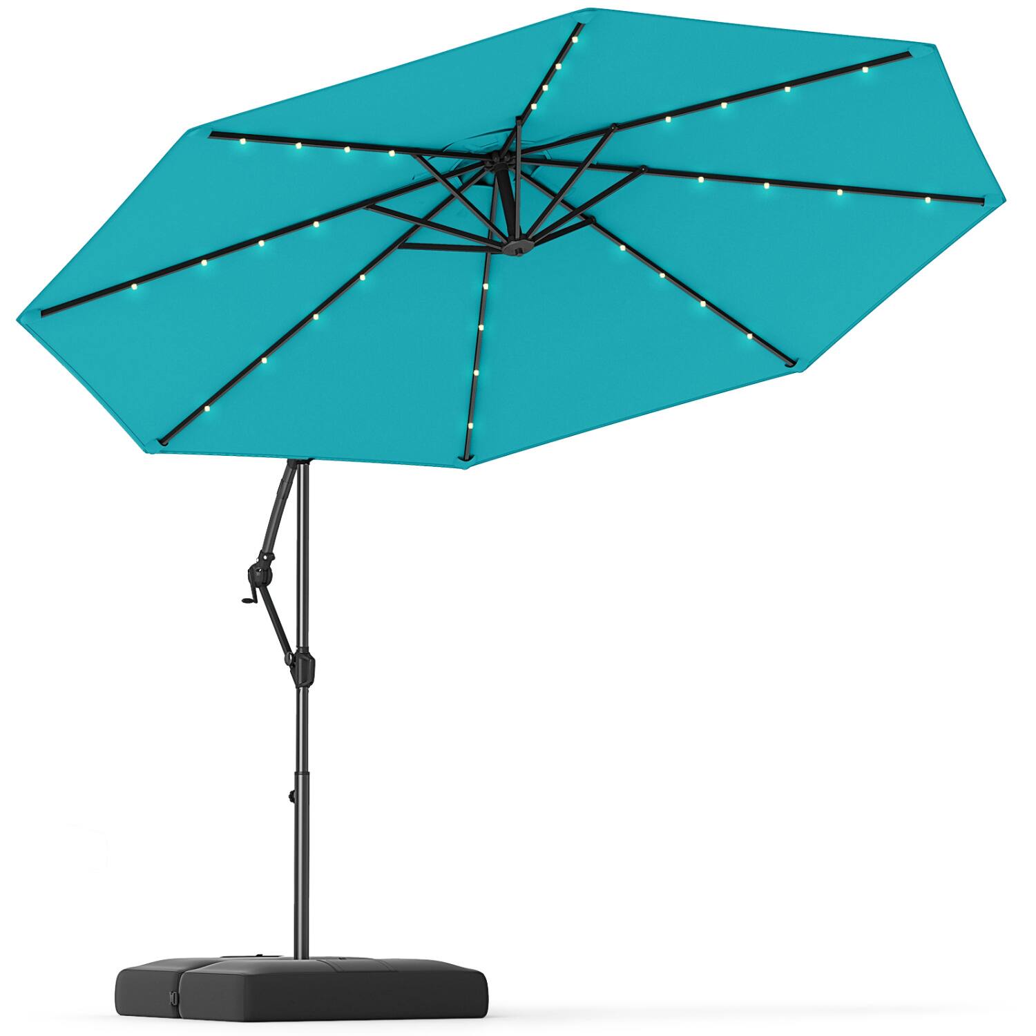 Alt View 3. Mondawe - 10 FT Solar Offset Hanging Umbrella with Base and 32 LED Lights - Turquoise.
