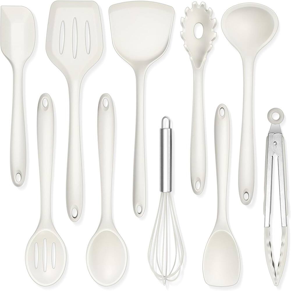 Front. RTMB - 10 Piece Silicone Cooking Utensils Set, Heat-Resistant Kitchen Gadgets Tools Set - White.