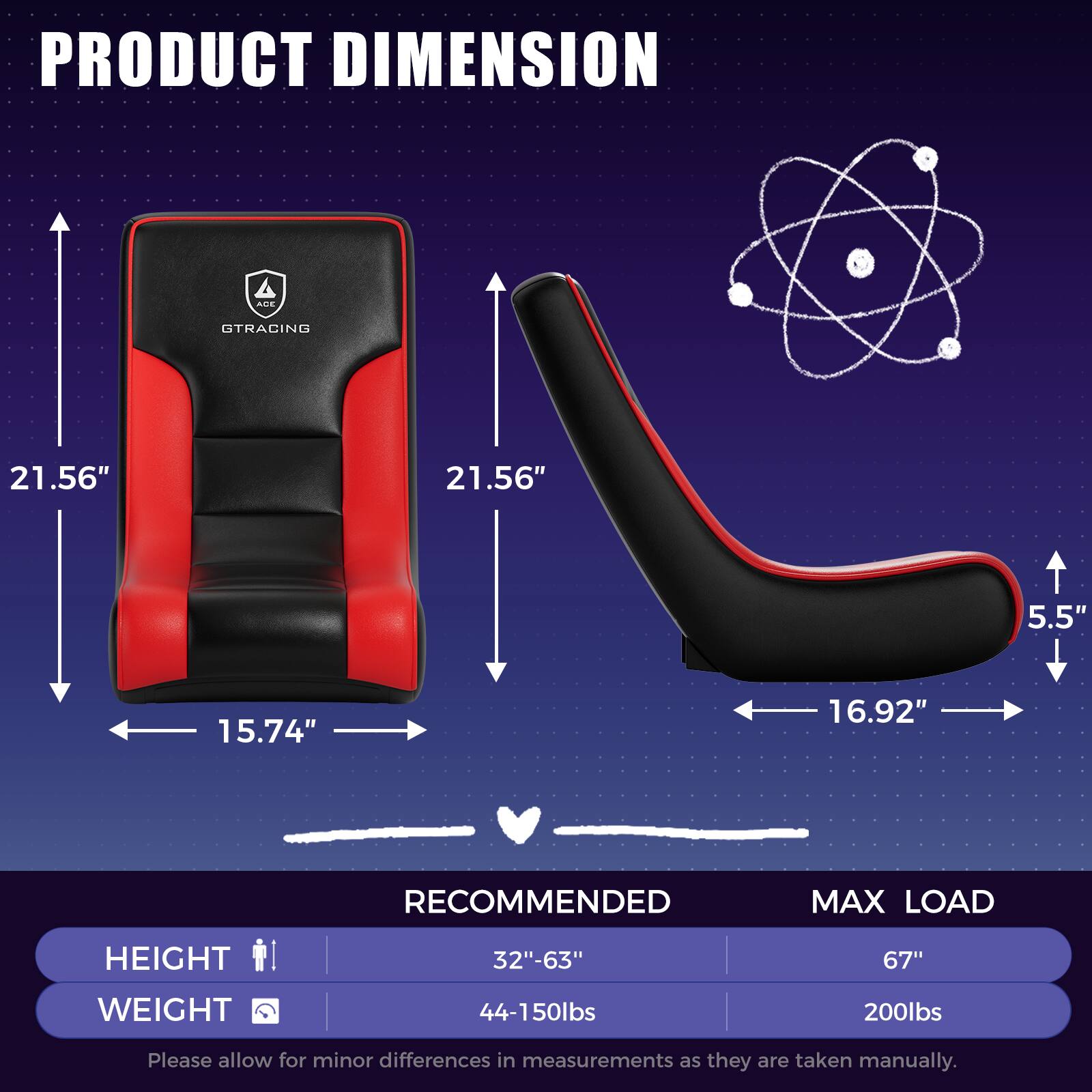 PRODUCT DIMENSION  
AOE CTRACING  
21.56" x 21.56" x 5.5" x 15.74" x 16.92"  

RECOMMENDED MAX LOAD  
HEIGHT: 32"-63"  
WEIGHT: 44-150lbs  

MAX LOAD  
HEIGHT: 67"  
WEIGHT: 200lbs  

Please allow for minor differences in measurements as they are taken manually.