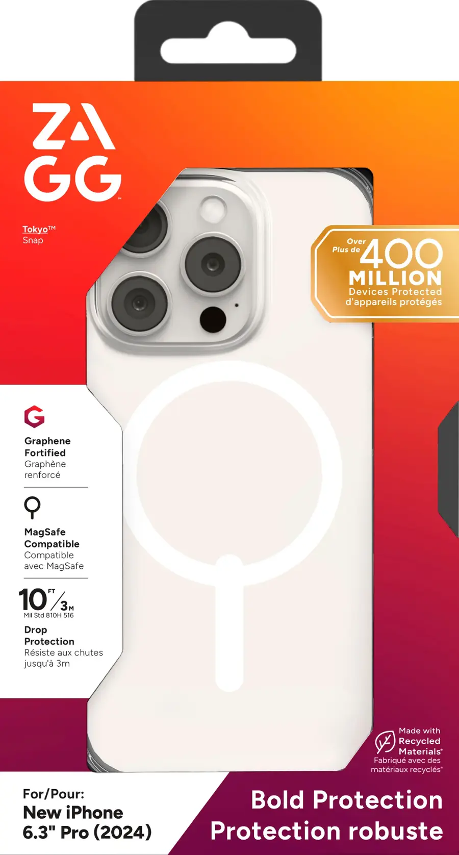 ZAGG GG TokyoTM IM Snap Over Plus de 400 MILLION Devices Protected d'appareils protgs G Graphene Fortified Graphne renforc MagSafe Compatible Compatible avec MagSafe FT 10' 3M Mil Std 10H 516 Drop Protection Rsiste aux chutes jusqu' 3m Made with Recycled Materials Fabriqu avec des matriaux recycls For/Pour: New iPhone 6.3" Pro (2024) Bold Protection Protection robuste