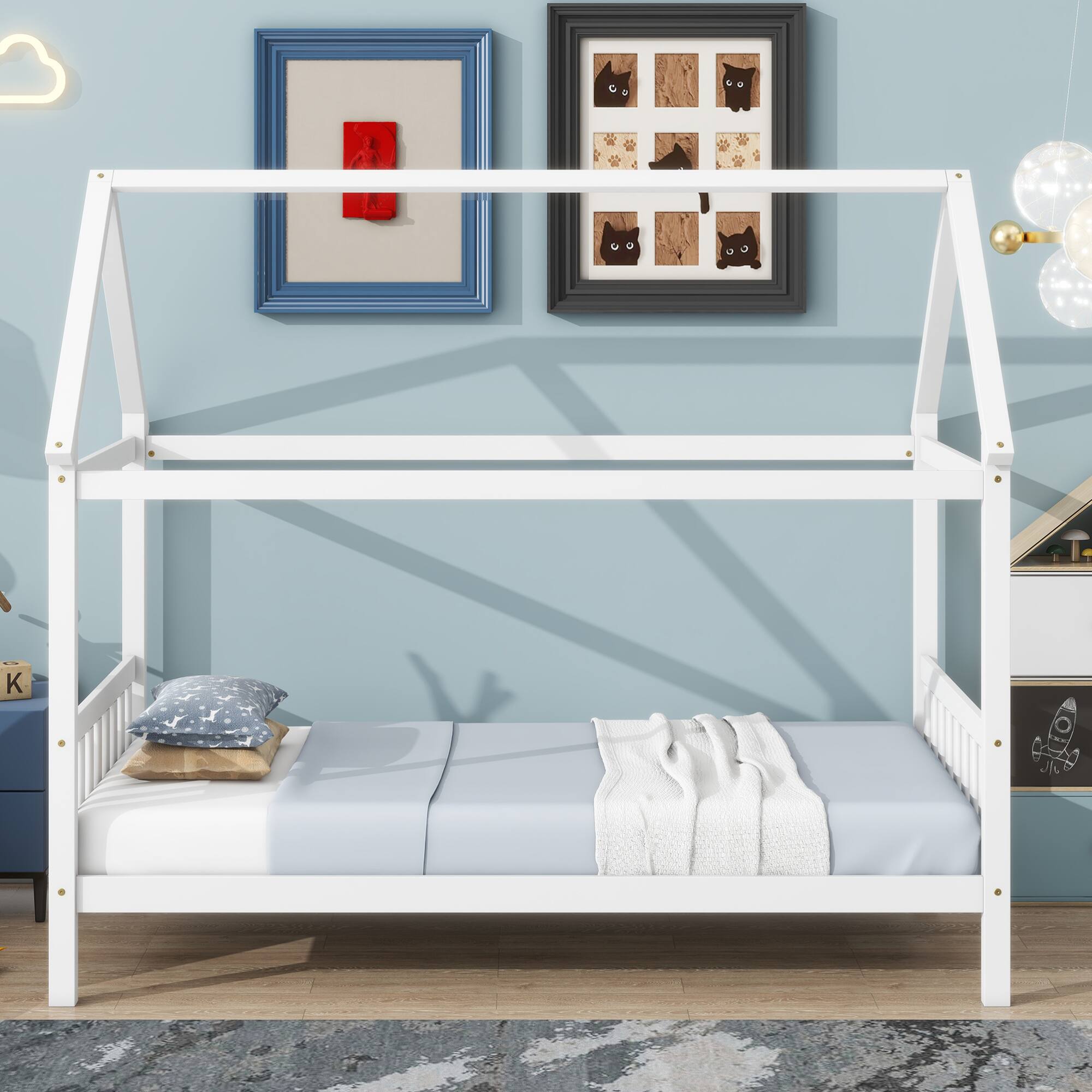 Alt View 2. GOODSILO - Twin Size House Frame Bed with Headboard and Footboard in Light Wood Finish - White.