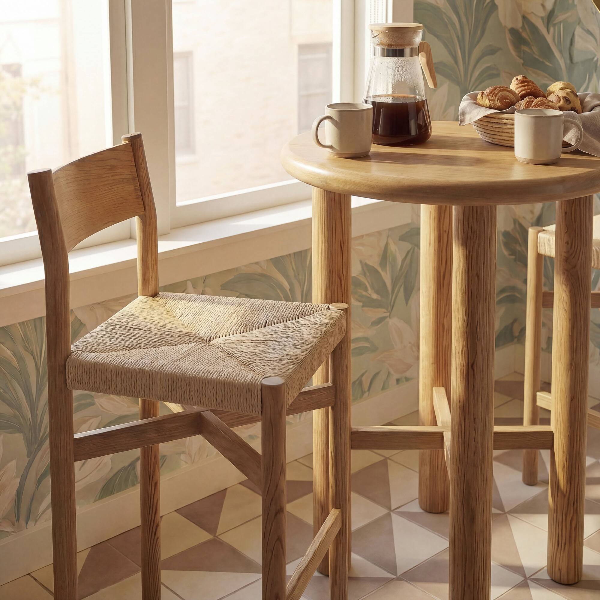 Alt View 2. Modway - Alvia 3-Piece Round Oak Wood Bar Table With Bar Stools Set by Modway - Weathered Oak.