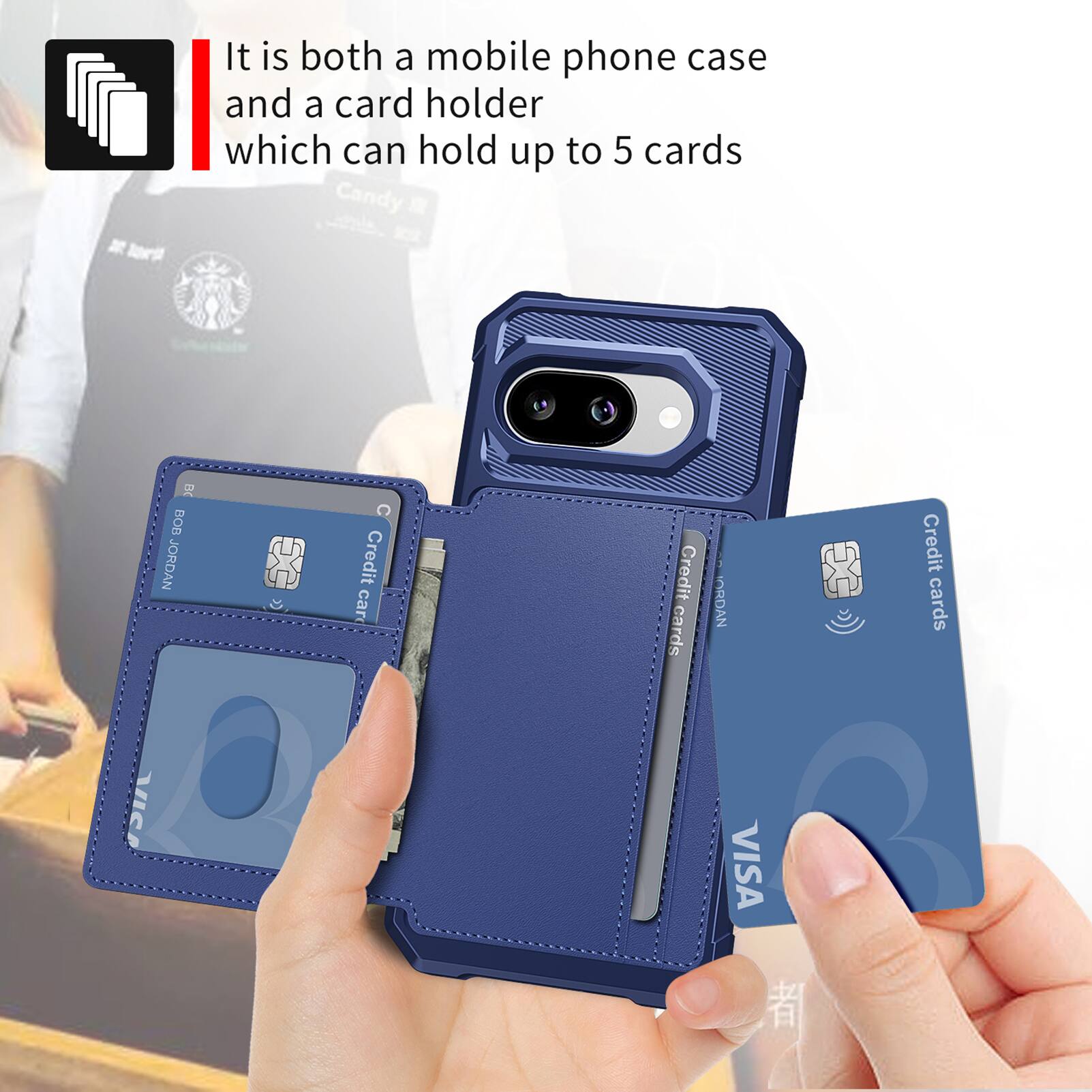 It is both a mobile phone case and a card holder which can hold up to 5 cards.