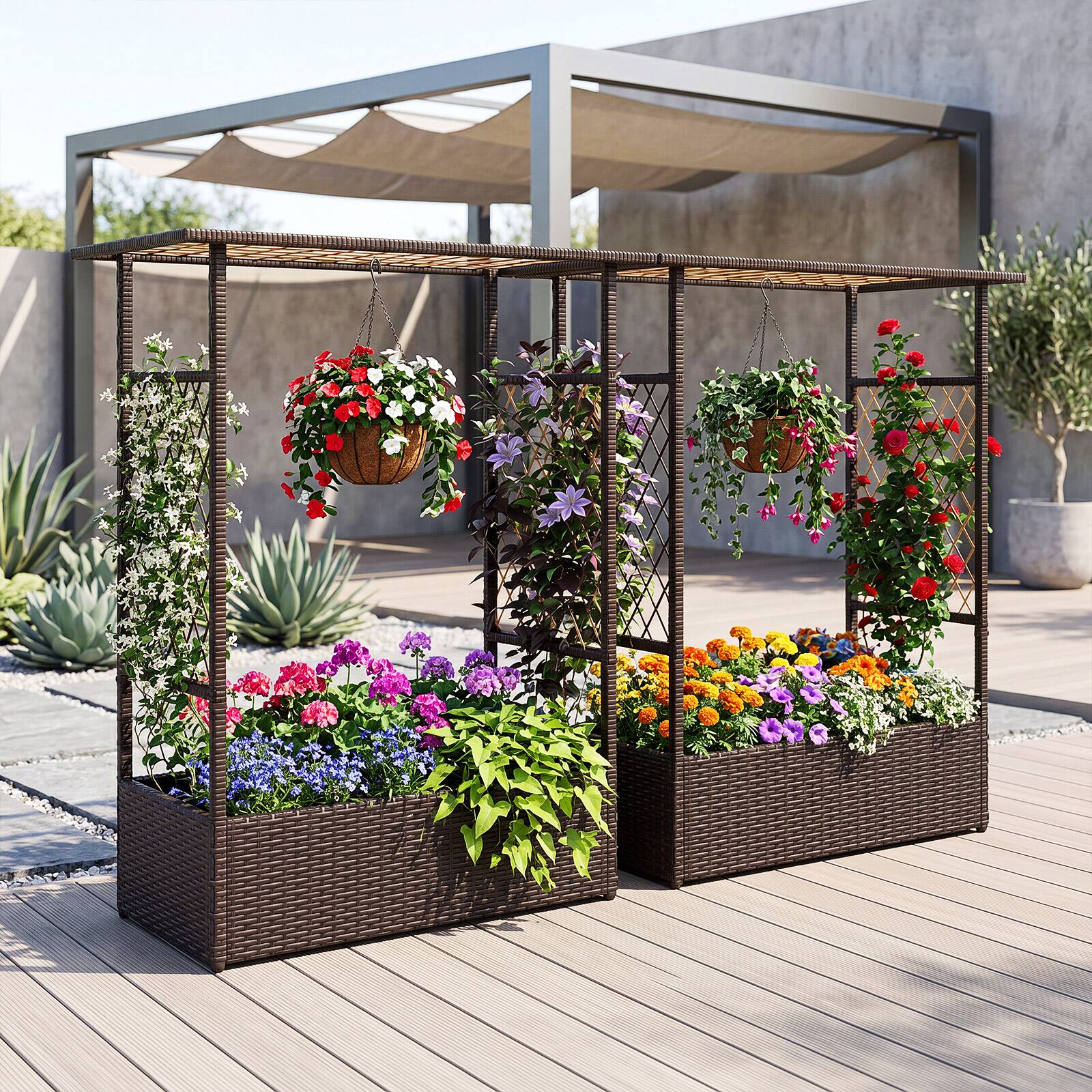 Alt View 1. Costway - Costway 2 PCS Raised Garden Bed 2-in-1 Elevated Planter Box with Hanging Roof & Trellises - Mixed Brown.