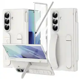 Dteck - Full-Body Stand Case for Samsung Galaxy Z Fold7 with Pen Holder,Matte PC Hinge Cover Bulit-in Tempered Glass Film - White