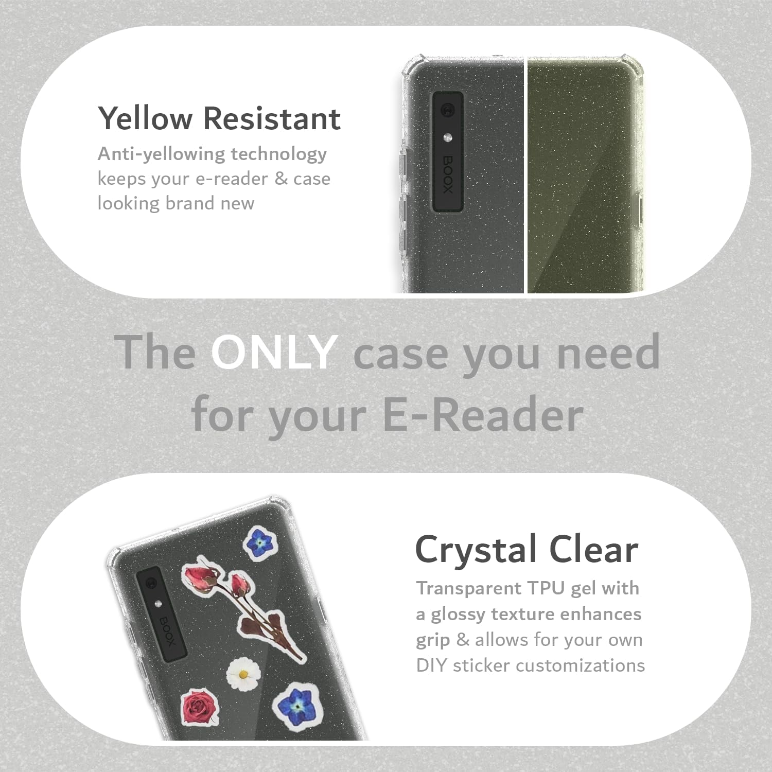 Yellow Resistant  
Anti-yellowing technology keeps your e-reader & case looking brand new  

The ONLY case you need for your E-Reader  

Crystal Clear  
Transparent TPU gel with a glossy texture enhances grip & allows for your own DIY sticker customizations