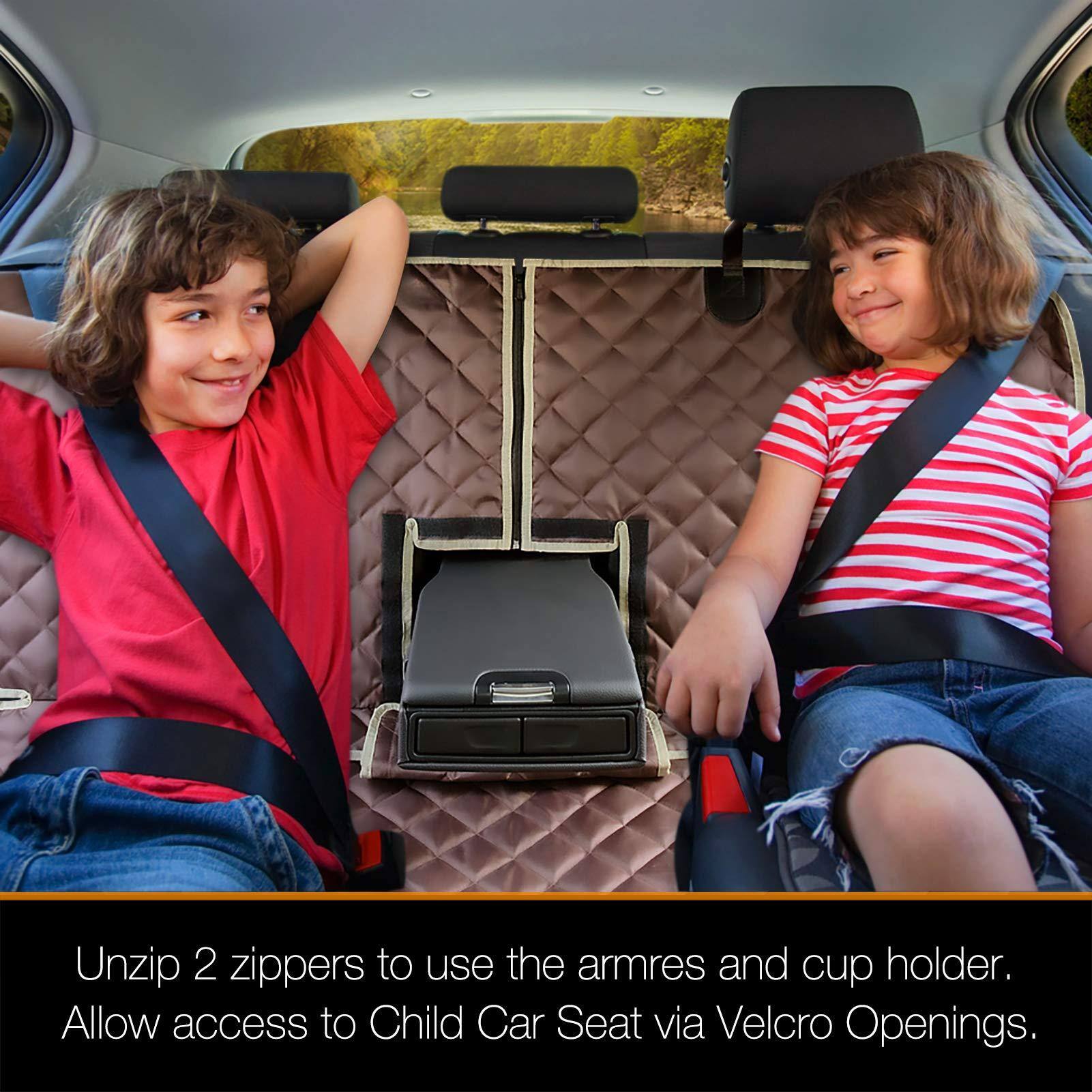 Unzip 2 zippers to use the armrests and cup holder.  
Allow access to Child Car Seat via Velcro Openings.