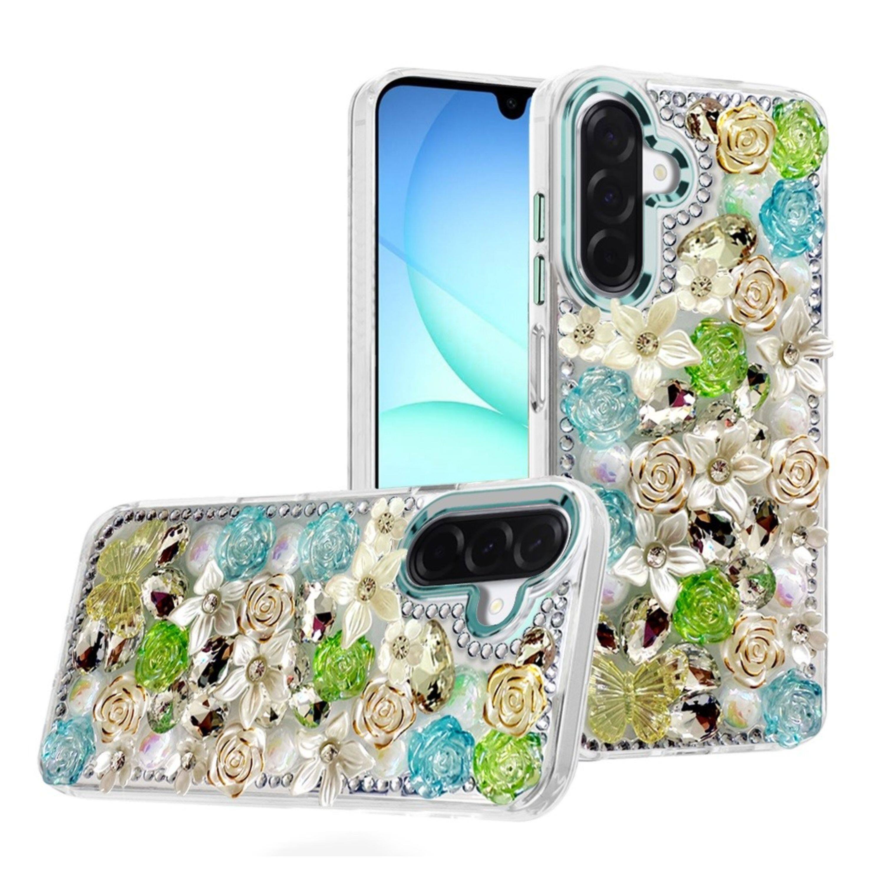 Angle. Kitcheniva - Floral Arrangement 3D Bling Design Phone Case With Tempered Glass For Samsung Galaxy A17 5G Green - Green.