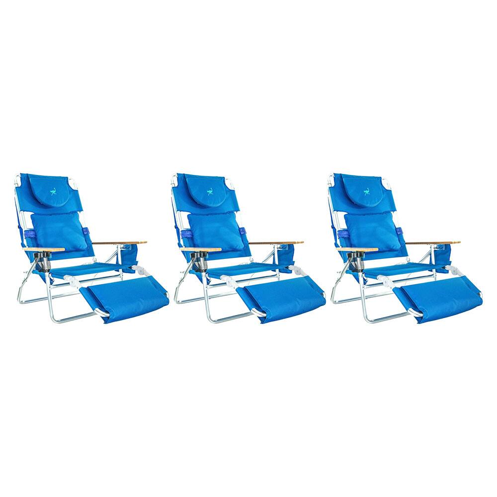 Front. Ostrich - Ostrich Deluxe Padded 3-N-1 Outdoor Lounge Reclining Beach Chair, Blue (3 Pack) - Blue.