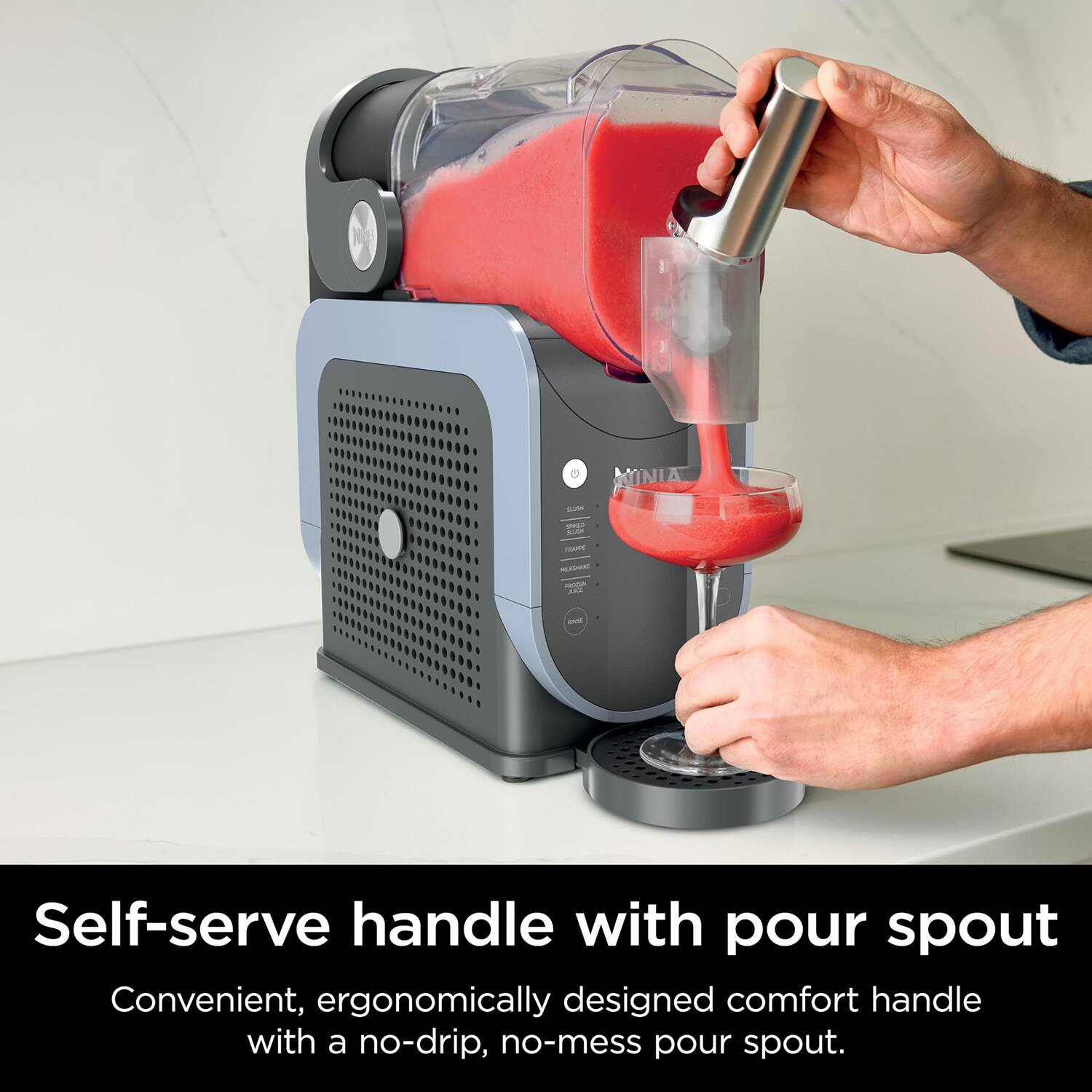 Self-serve handle with pour spout  
Convenient, ergonomically designed comfort handle with a no-drip, no-mess pour spout.