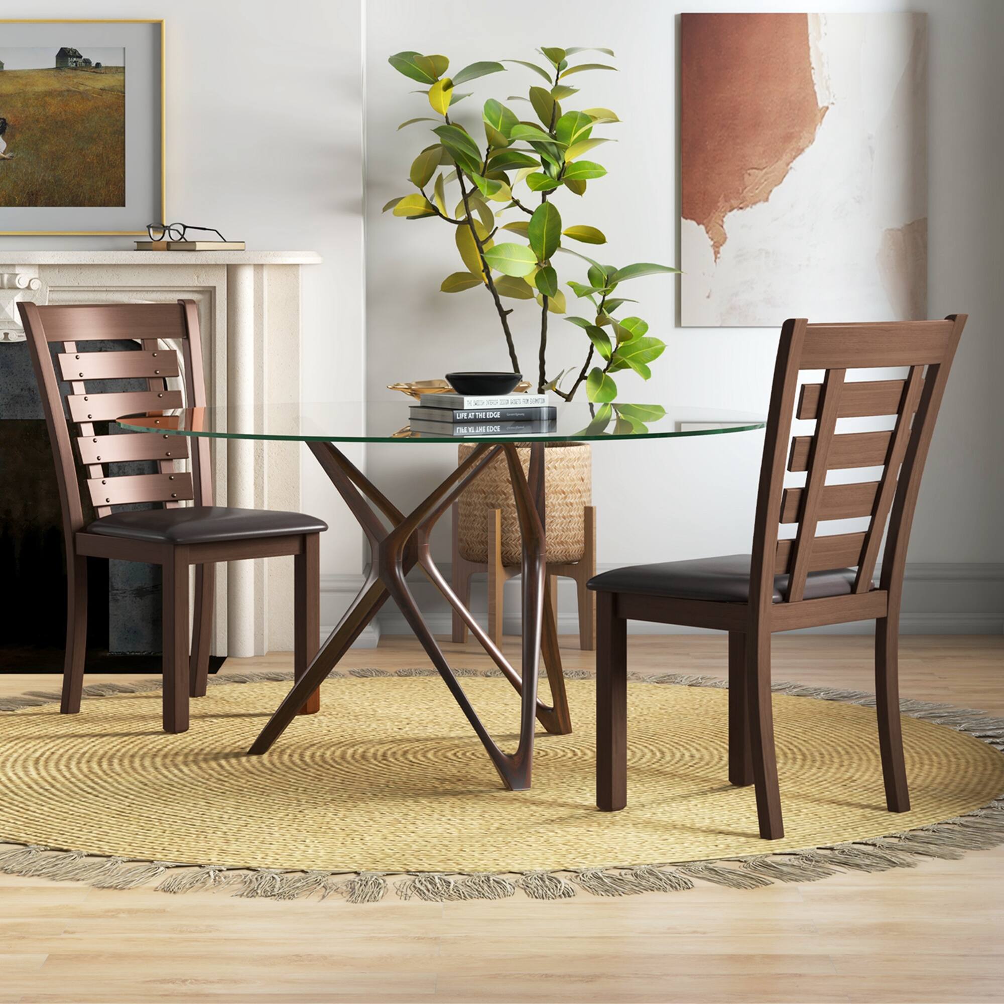 The image shows a dining room with a glass table and four chairs. The table is surrounded by the chairs, and there is a plant in the corner. The chairs are positioned around the table, creating a cozy and inviting atmosphere. The table is also accompanied by a book, adding a touch of personalization to the space.