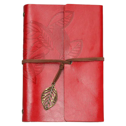 Front. Unique Bargains - A6 Leather Cover Loose Leaf Journal, 7.28x5" Travel Refillable Leather Diary Gift with 100GSM Kraft Paper - Red.