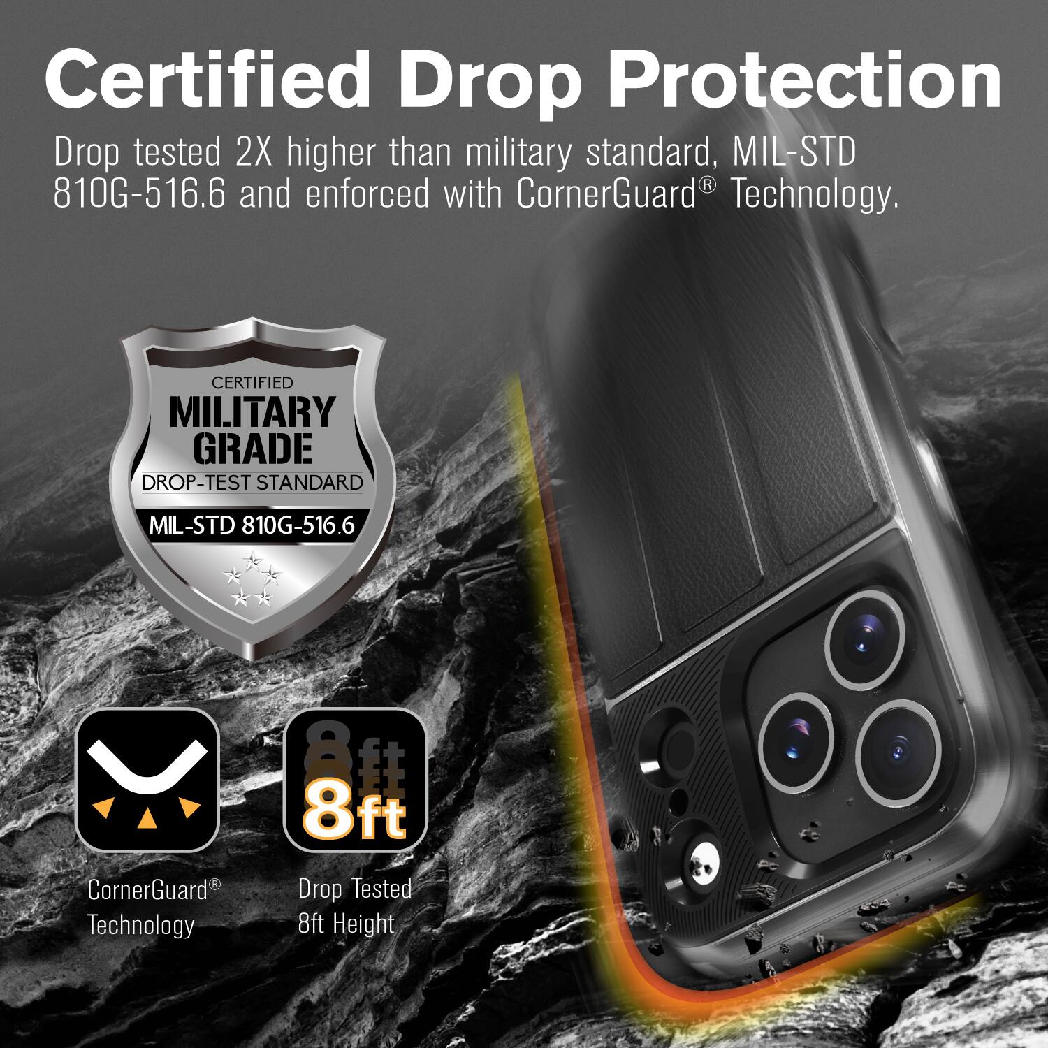 Certified Drop Protection

Drop tested 2X higher than military standard, MIL-STD 810G-516.6 and enforced with CornerGuard® Technology.

Certified Military Grade Drop-Test Standard MIL-STD 810G-516.6

CornerGuard® Technology

Drop Tested 8ft Height
