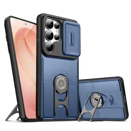 Front. Dteck - Rugged Case for Samsung Galaxy S26 Ultra with Slide Camera Cover & Kickstand,Dual-Layer Soft TPU+Hard PC Back Cover - Blue.
