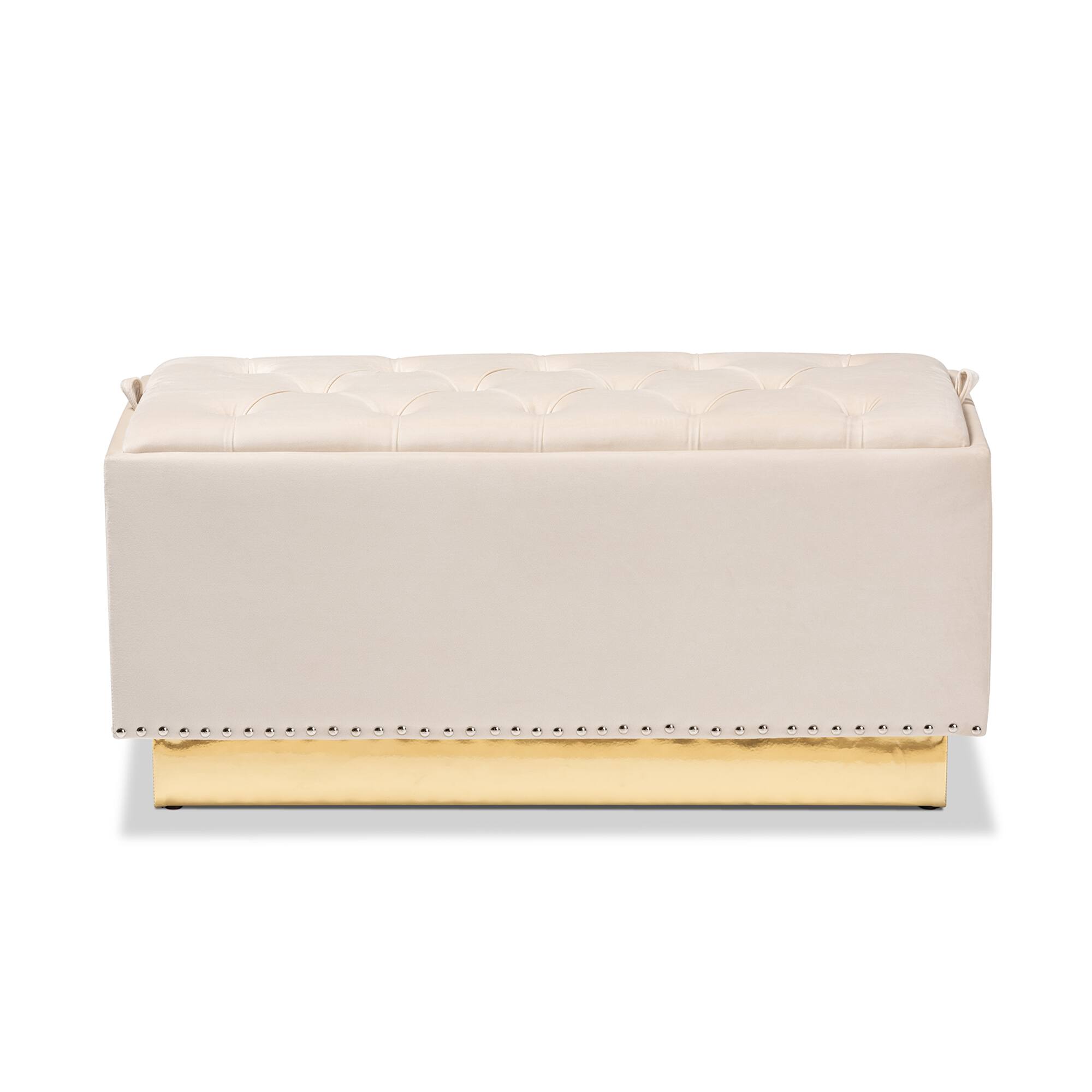 Left. Baxton Studio - Powell Glam and Luxe Velvet Fabric Upholstered and Gold PU Leather Storage Ottoman - Beige/gold.
