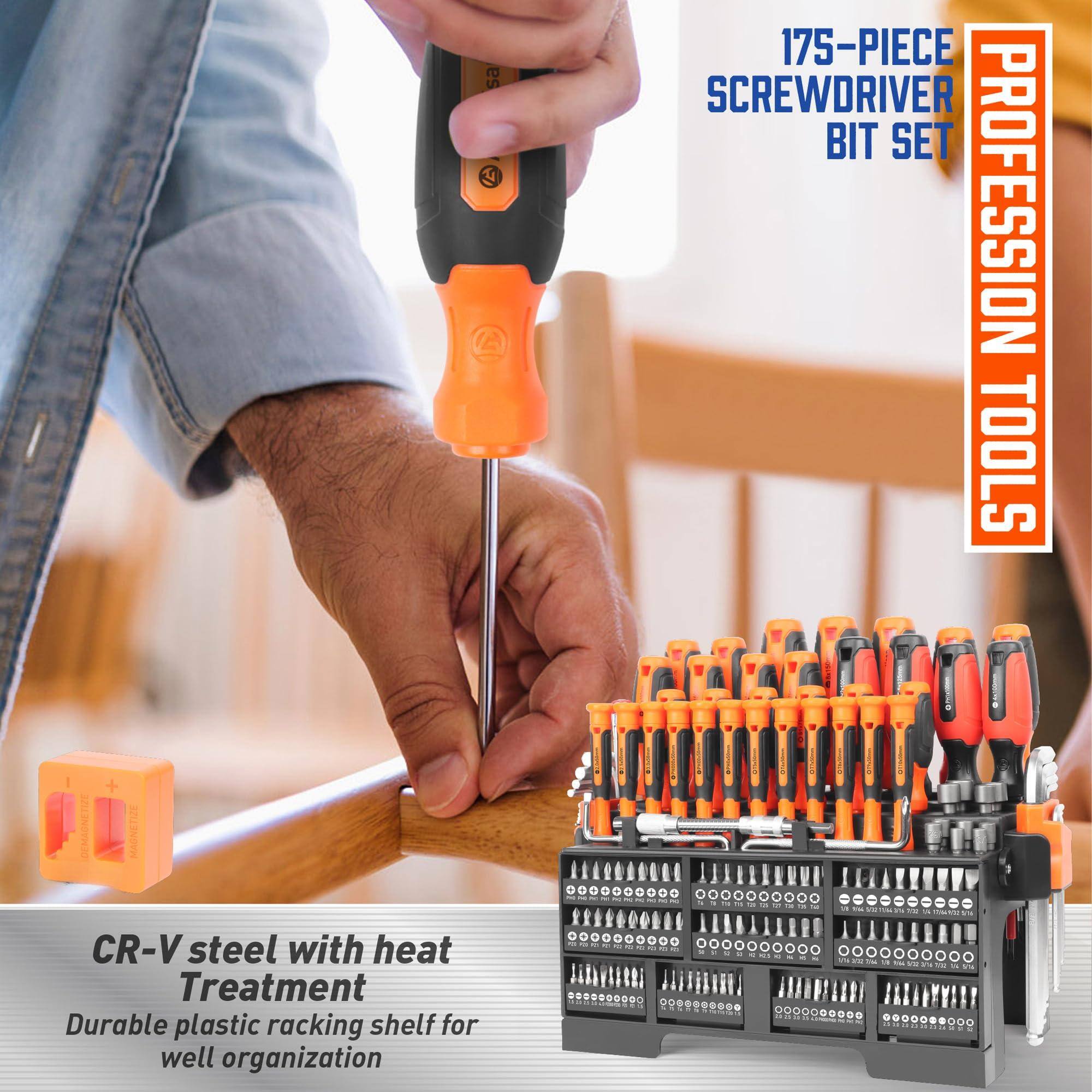 175-PIECE SCREWDRIVER BIT SET  
PROFESSION TOOLS  

CR-V steel with heat Treatment  
Durable plastic racking shelf for well organization
