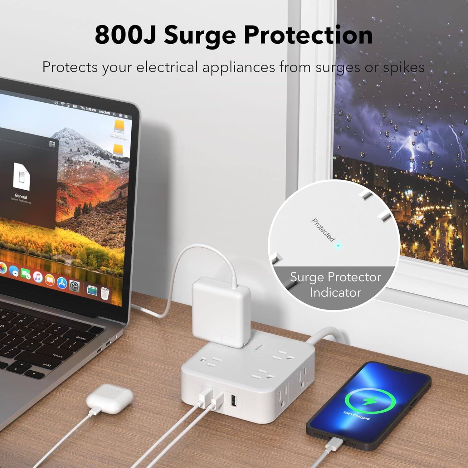 800J Surge Protection  
Protects your electrical appliances from surges or spikes  

Surge Protector Indicator