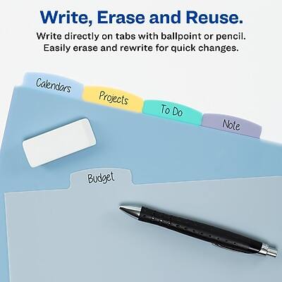 Write, Erase and Reuse.  
Write directly on tabs with ballpoint or pencil. Easily erase and rewrite for quick changes.  

Calendars  
Projects  
To Do  
Note  
Budget