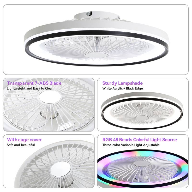 Transparent 7-ABS Blade, Lightweight and Easy to Clean, With cage cover, Safe and beautiful, Sturdy Lampshade, White Acrylic + Black Edge, RGB 48 Beads Colorful Light Source, Three-color Variable Light Adjustable