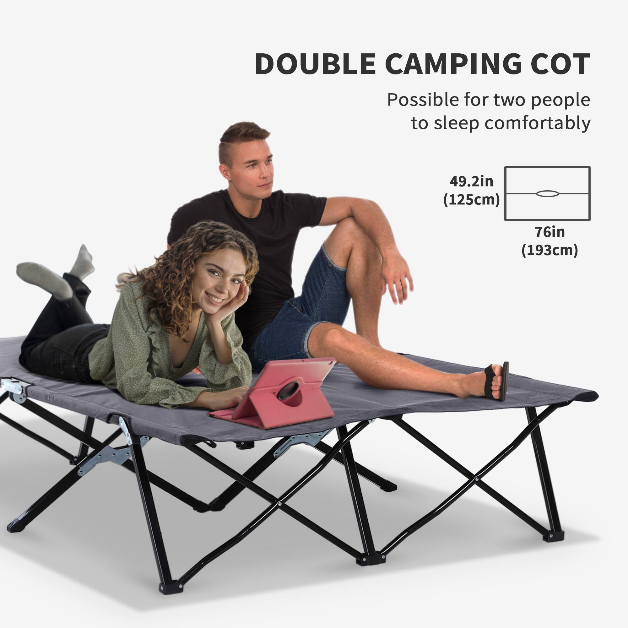 DOUBLE CAMPING COT Possible for two people to sleep comfortably 49.2in (125cm) 76in (193cm)
