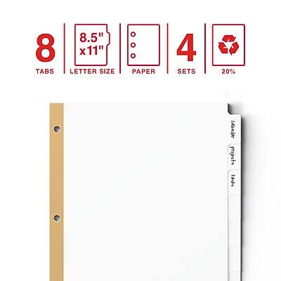 8 TABS  
8.5" x 11" LETTER SIZE  
O PAPER  
4 SETS  
20%  
calender projects backs