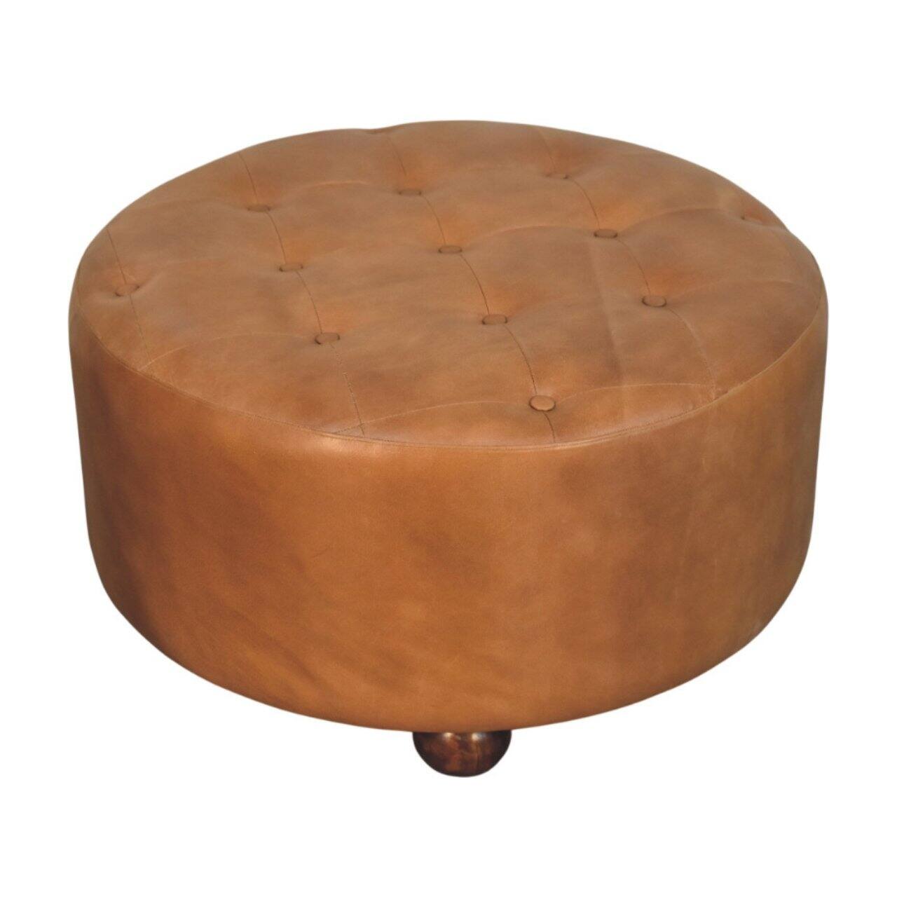Left. Artisan Furniture - Artisan Furniture Solid Wood Brown Buffalo hide leather Round Ottoman, Upholstered, Brown Color - Brown.