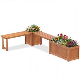 Costway - Wood Planter Box Set with Bench, Hardwood Planter Box, Teak Oil Finish for Garden - Natural