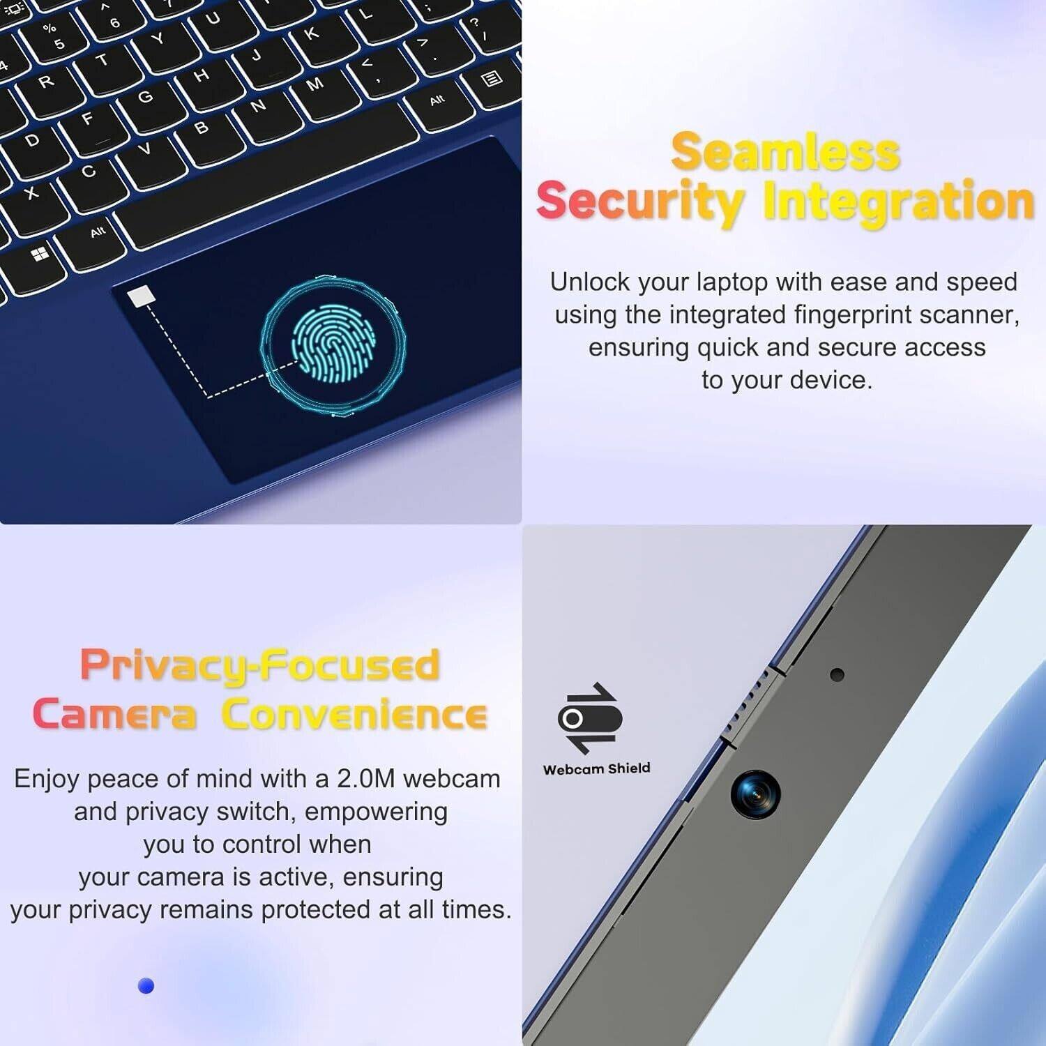 Seamless Security Integration  
Unlock your laptop with ease and speed using the integrated fingerprint scanner, ensuring quick and secure access to your device.

Privacy-Focused Camera Convenience  
Enjoy peace of mind with a 2.0M webcam and privacy switch, empowering you to control when your camera is active, ensuring your privacy remains protected at all times.