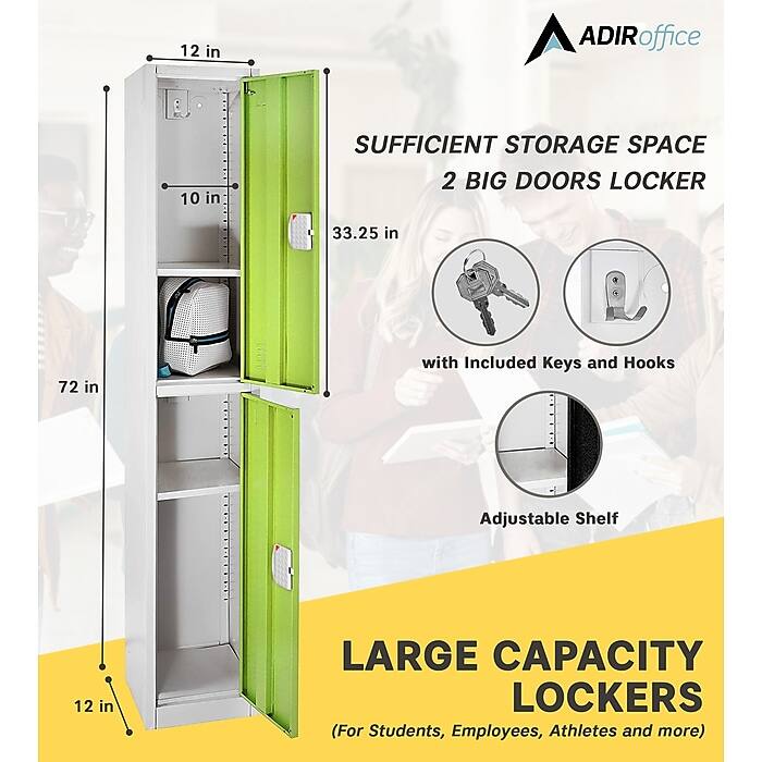 ADIRoffice, SUFFICIENT STORAGE SPACE, 2 BIG DOORS LOCKER, 33.25 in, 72 in, with Included Keys and Hooks, Adjustable Shelf, LARGE CAPACITY LOCKERS (For Students, Employees, Athletes and more), 12 in, 12 in