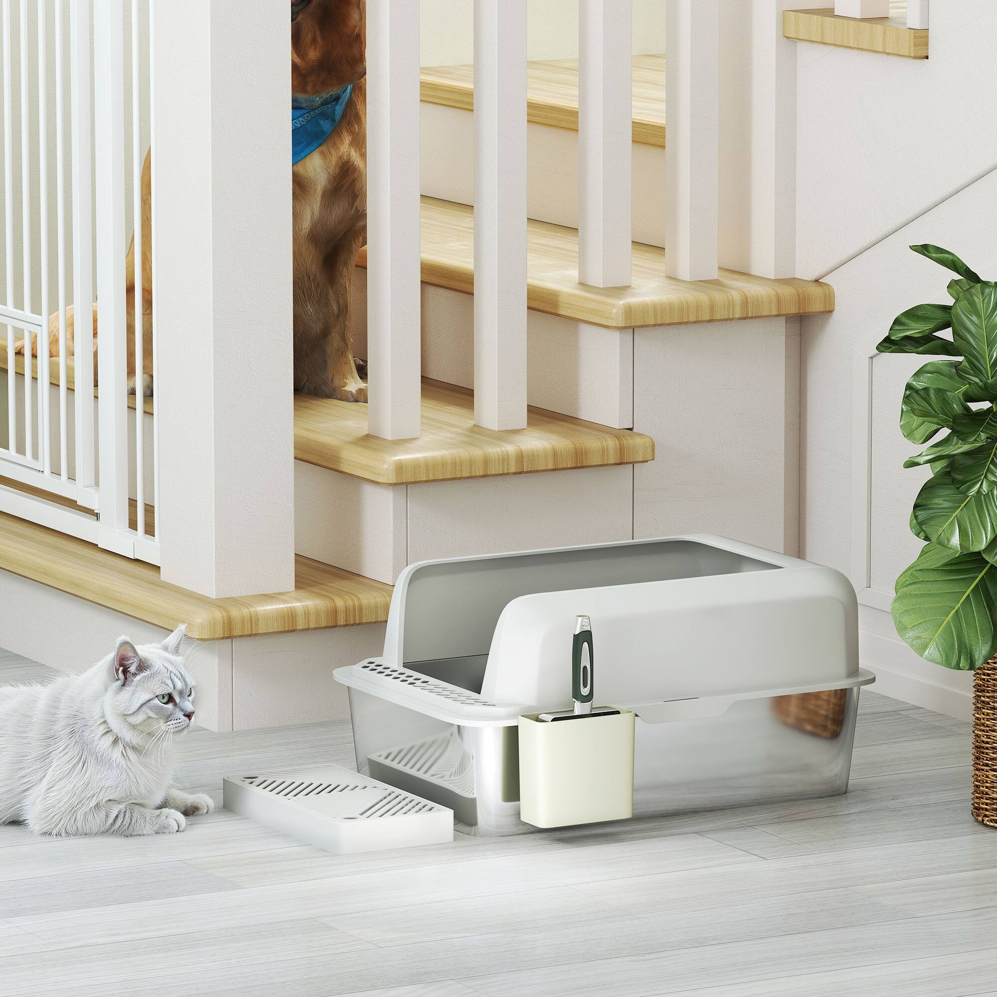 Alt View 1. Pawhut - Steel Litter Box with Metal Scoop & Scoop Holder, High Sided - Light Gray.