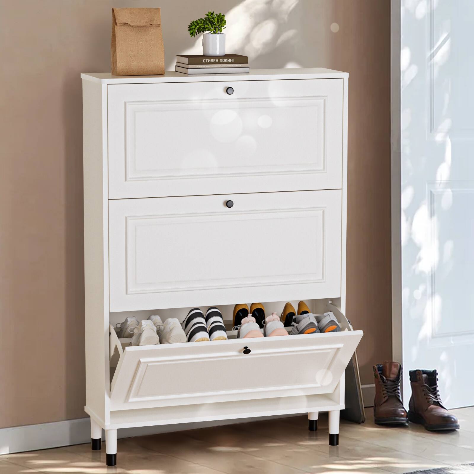 Angle. HTUTWOO - Shoes Storage Cabinet for Entryway - Stylish Flip-Door Design,Capacity 24 Pairs, Space-Saving for Hallways/Behind Doors - White.