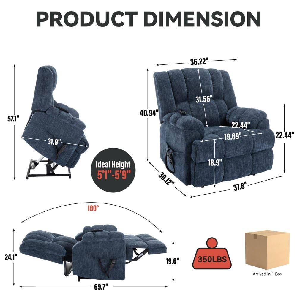 PRODUCT DIMENSION

- Width: 36.22"
- Depth: 57.1"
- Height: 31.9"
- Seat Height: 19.69"
- Seat Depth: 22.44"
- Armrest Height: 31.56"
- Back Height: 40.94"
- Side to Side: 22.44"
- Ideal Height: 5'1" - 5'9"
- Width of Seat: 38.12"
- Depth of Seat: 18.9"
- Width of Footrest: 37.8"
- Height of Footrest: 180°
- Width of Reclined: 69.7"
- Depth of Reclined: 24.1"
- Height of Reclined: 19.6"
- Weight Capacity: 350LBS
- Arrived in 1 Box