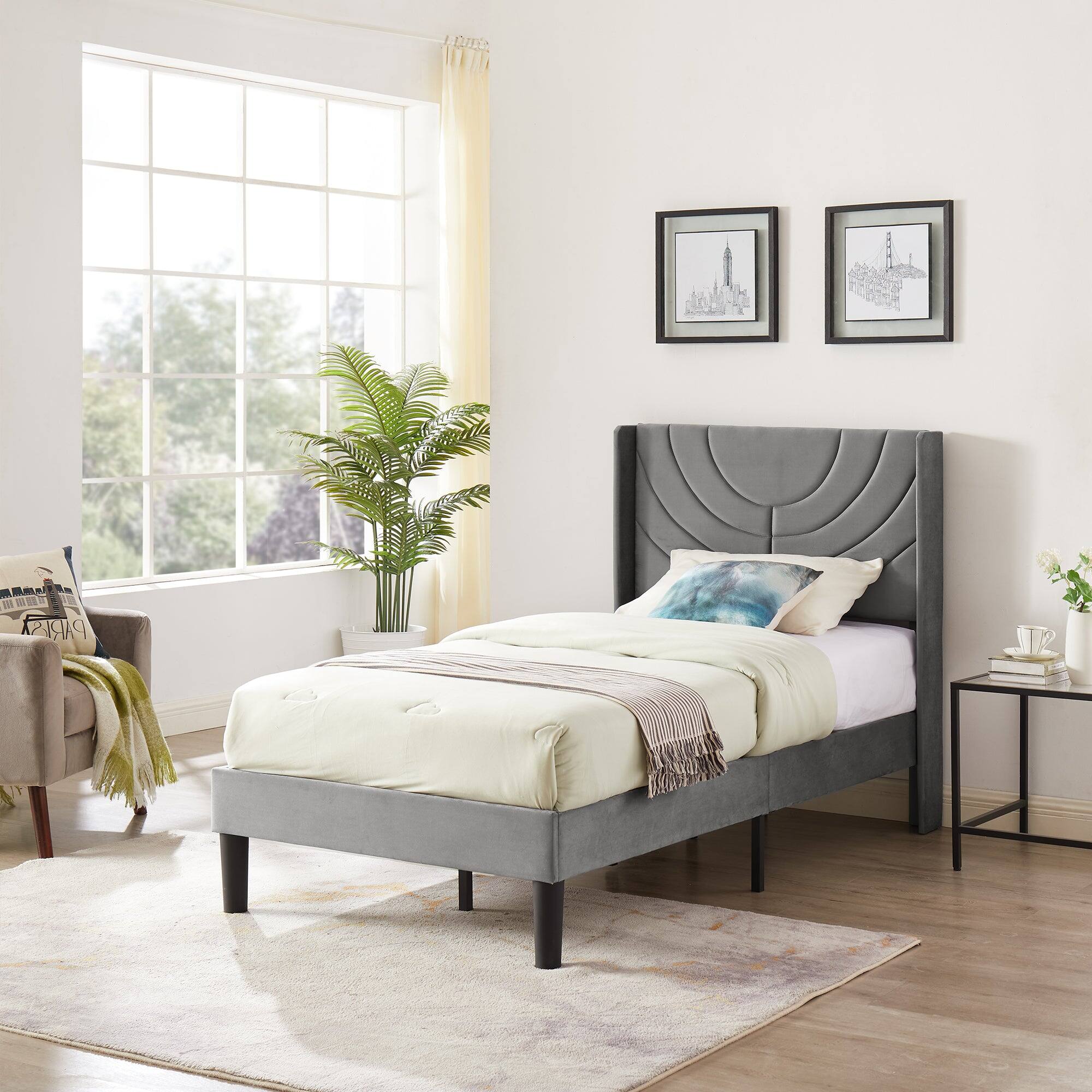 Left. Vecelo - Upholstered Platform Twin Bed Frame with Fabric Headboard,Wooden Slats Support/No Box Spring Needed/Mattress Foundation - Dark Grey.