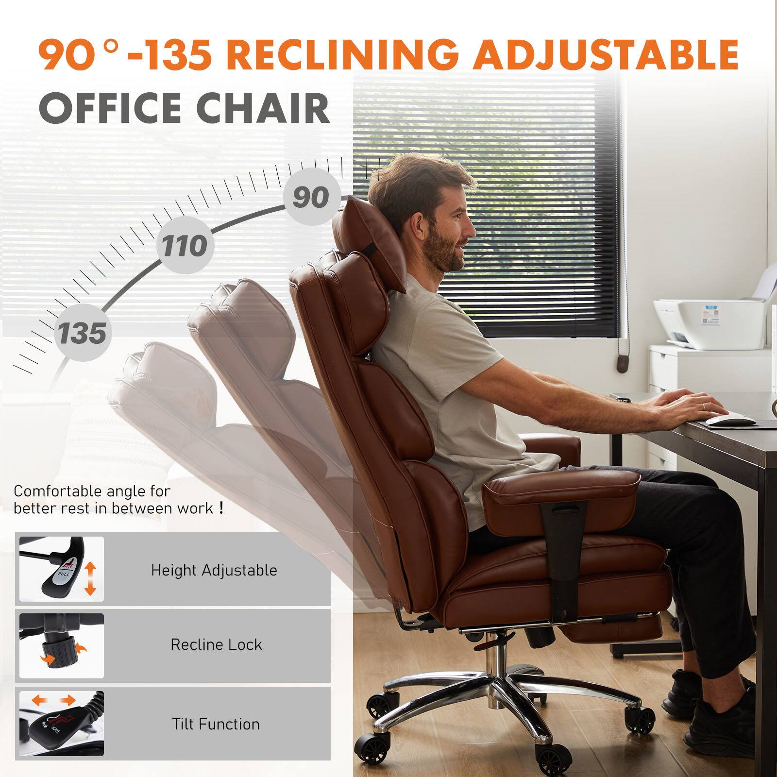 90° -135 RECLINING ADJUSTABLE OFFICE CHAIR

Comfortable angle for better rest in between work!

- Height Adjustable
- Recline Lock
- Tilt Function