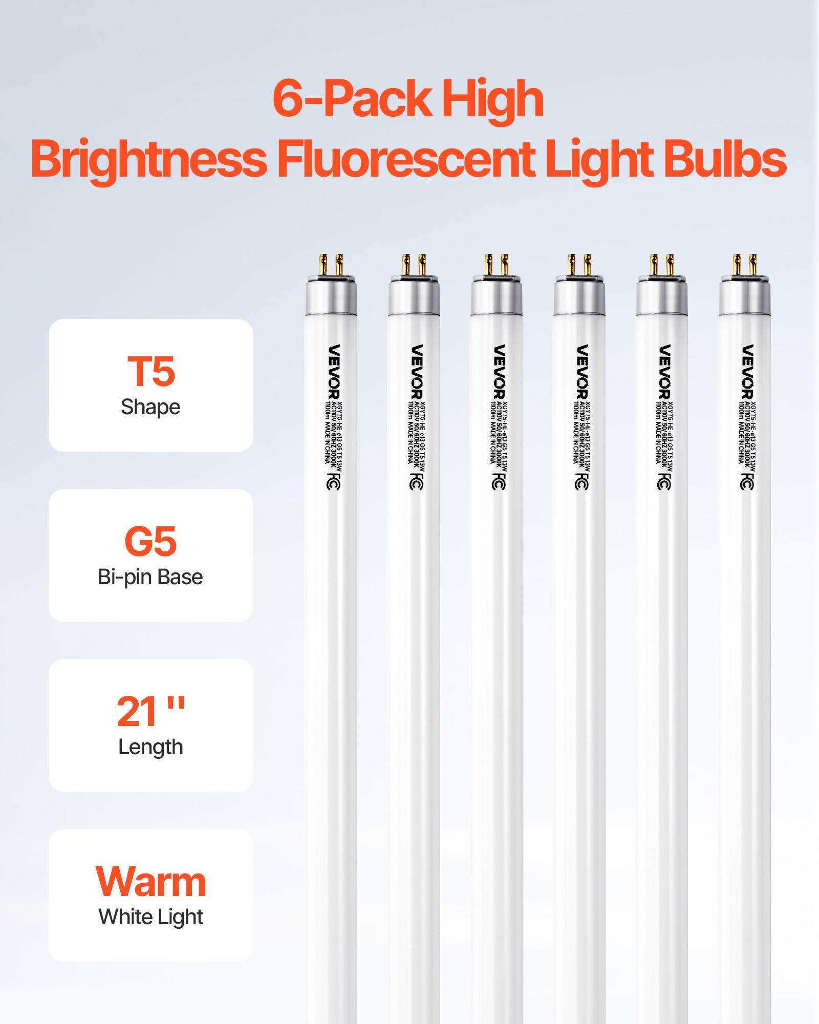 6-Pack High Brightness Fluorescent Light Bulbs

- T5 Shape
- G5 Bi-pin Base
- 21" Length
- Warm White Light