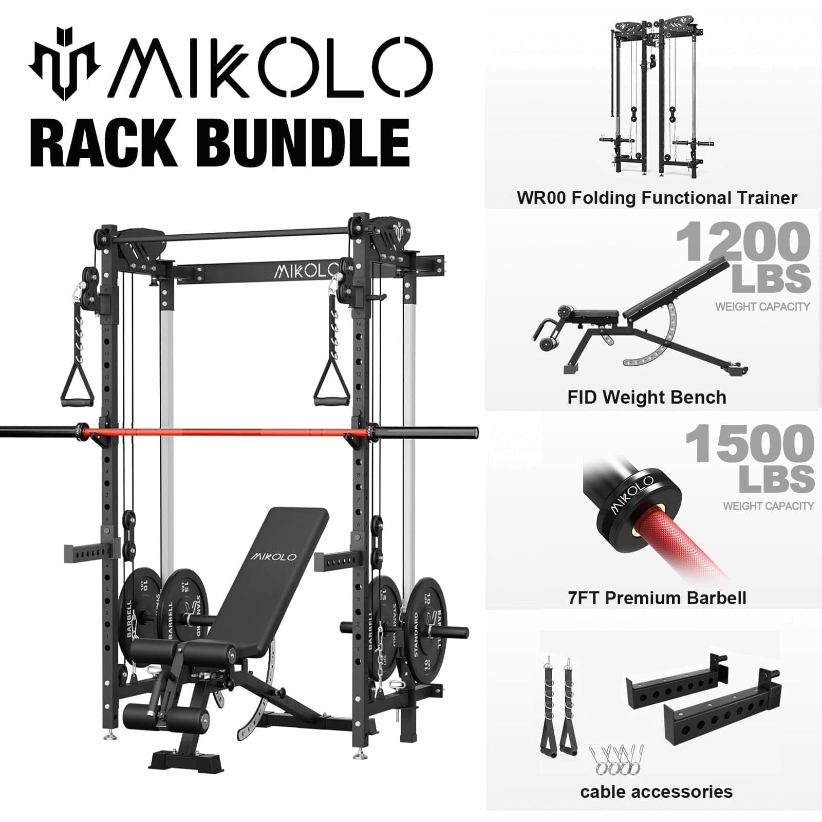 Mikolo - Foldable Power Rack Cage,1000lbs Capacity Wall Mounted Squat Rack with independent pulley system - Black
