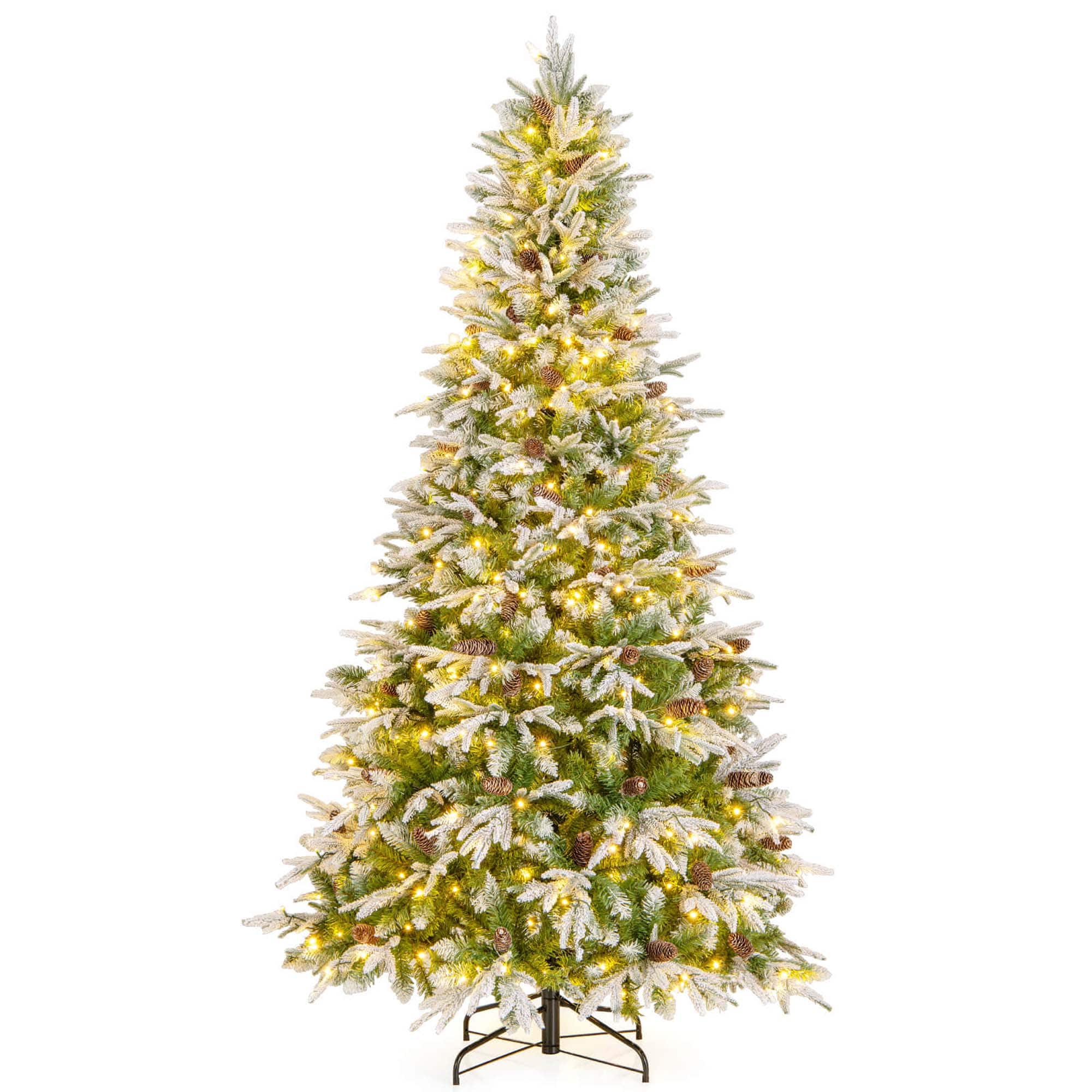 Costway - 7.5 FT Artificial Christmas Tree Hinged Xmas Tree with 1135 Branch Tips 470 Lights - Green,White