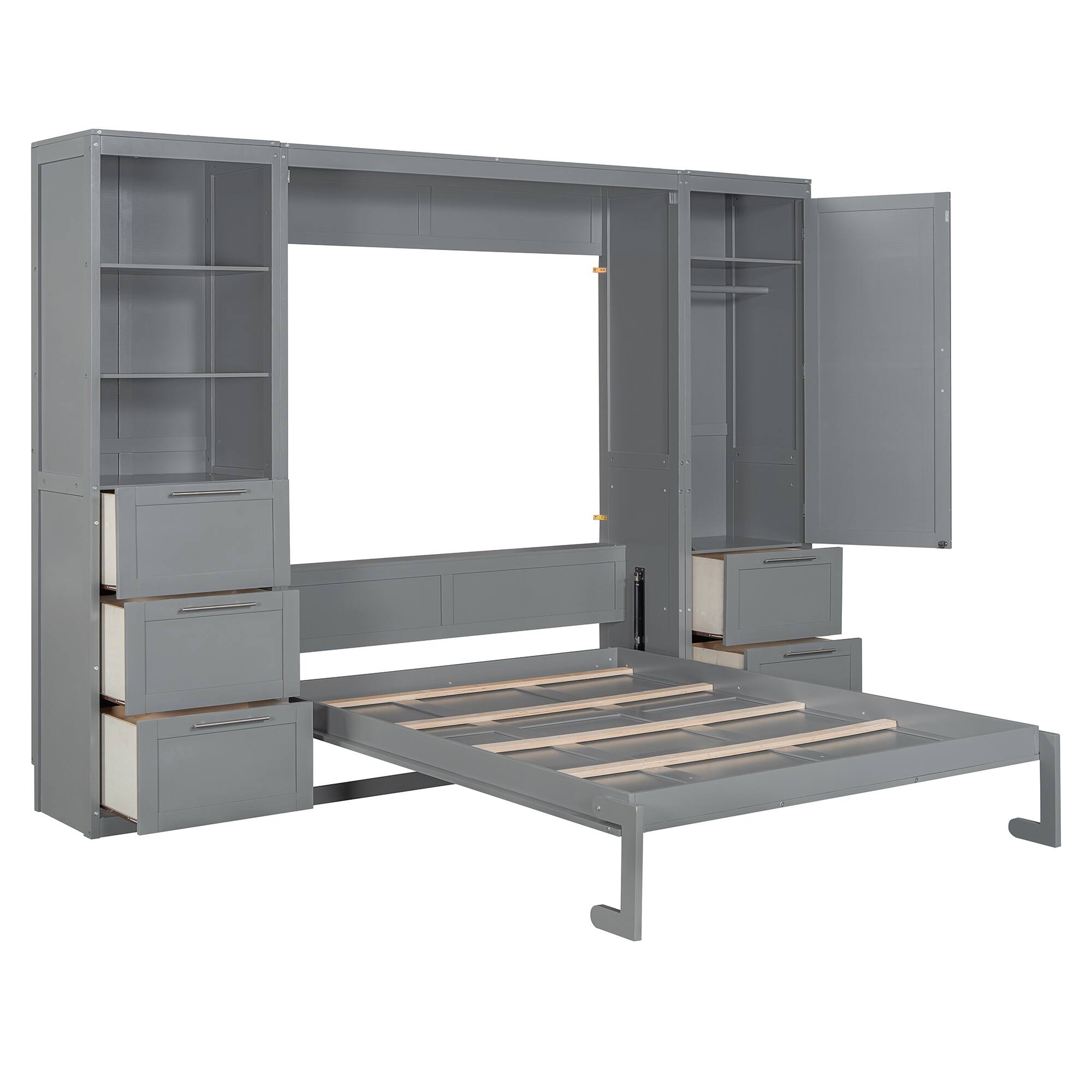 Alt View 6. Tiramisubest - Queen Size Murphy Bed with Closet, Drawers & Shelves, Gray, MDF+LVL - Gray.