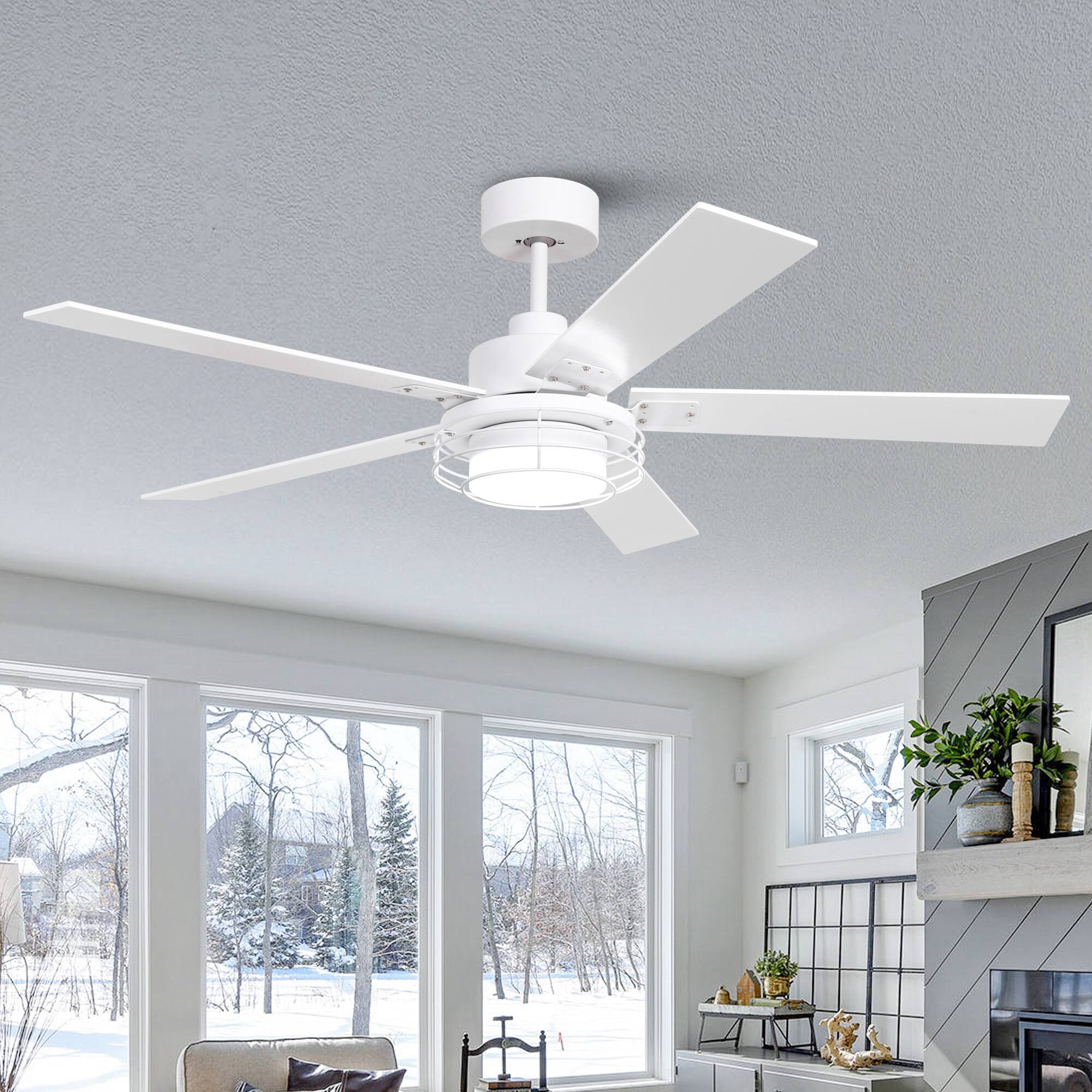 Left. Parrot Uncle - 52" Industrial White Metal Caged Ceiling Fan with Light and Remote - White.